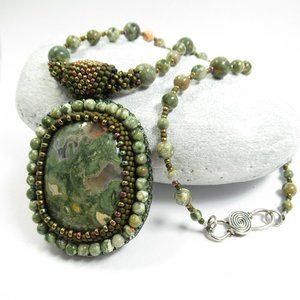 Rhyolite bead embroidered Necklace